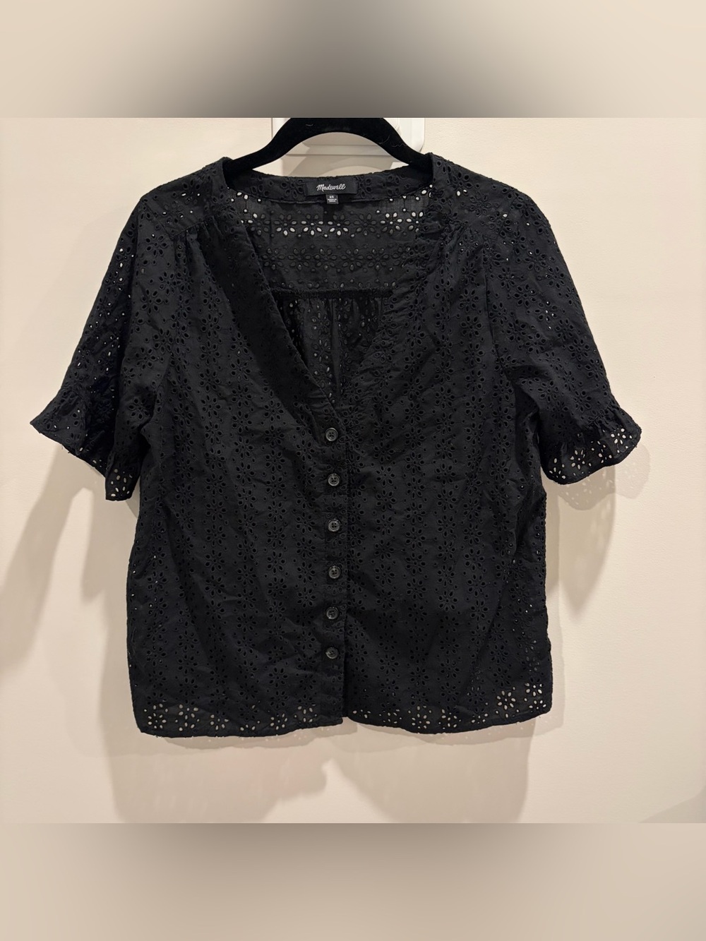 Madewell Eyelet Black Ruffle Sleeve Sheer Blouse Size XS